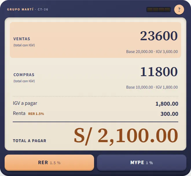 Calculadora tributaria de Grupo Martí con ventas, compras y total a pagar